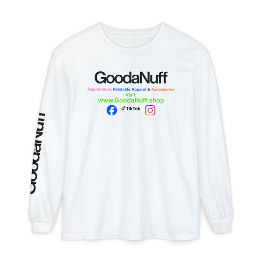 GoodaNuff Logo Long Sleeve Tee — Inspirational Apparel with Website & Social Icons