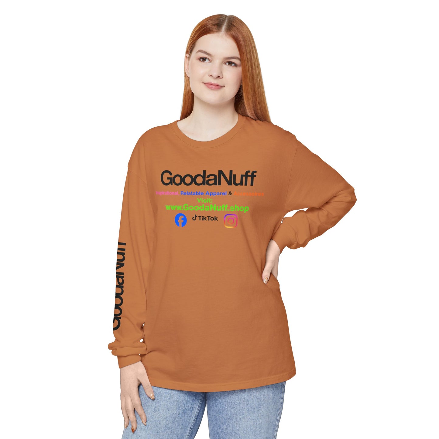 GoodaNuff Logo Long Sleeve Tee — Inspirational Apparel with Website & Social Icons