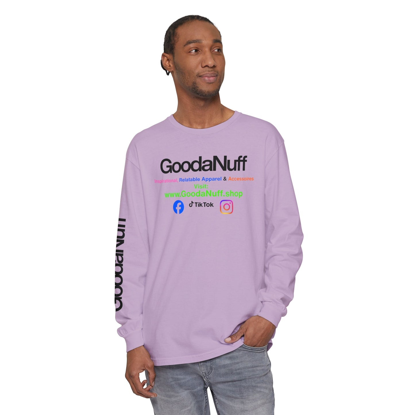 GoodaNuff Logo Long Sleeve Tee — Inspirational Apparel with Website & Social Icons