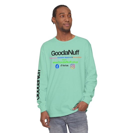 GoodaNuff Logo Long Sleeve Tee — Inspirational Apparel with Website & Social Icons