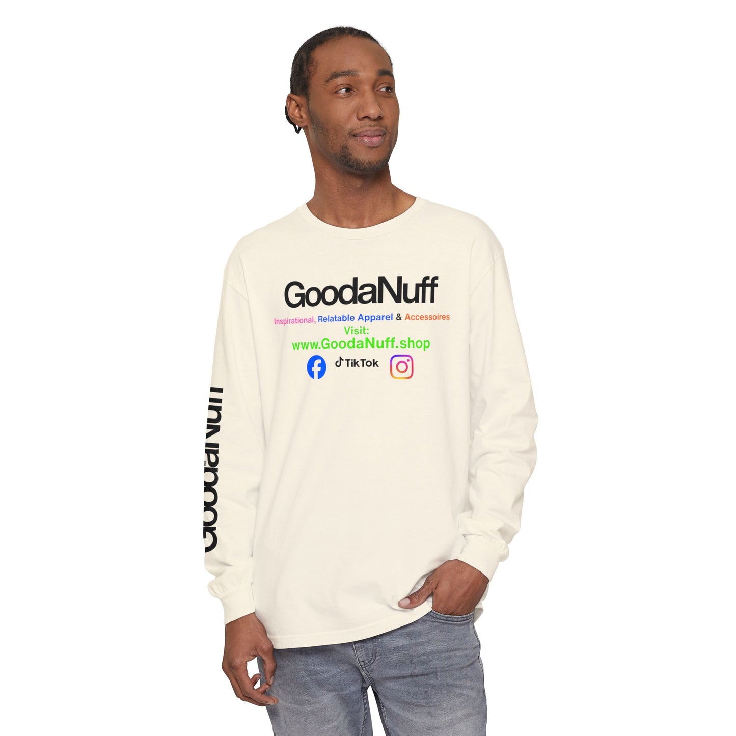 GoodaNuff Logo Long Sleeve Tee — Inspirational Apparel with Website & Social Icons