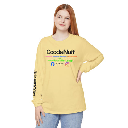 GoodaNuff Logo Long Sleeve Tee — Inspirational Apparel with Website & Social Icons