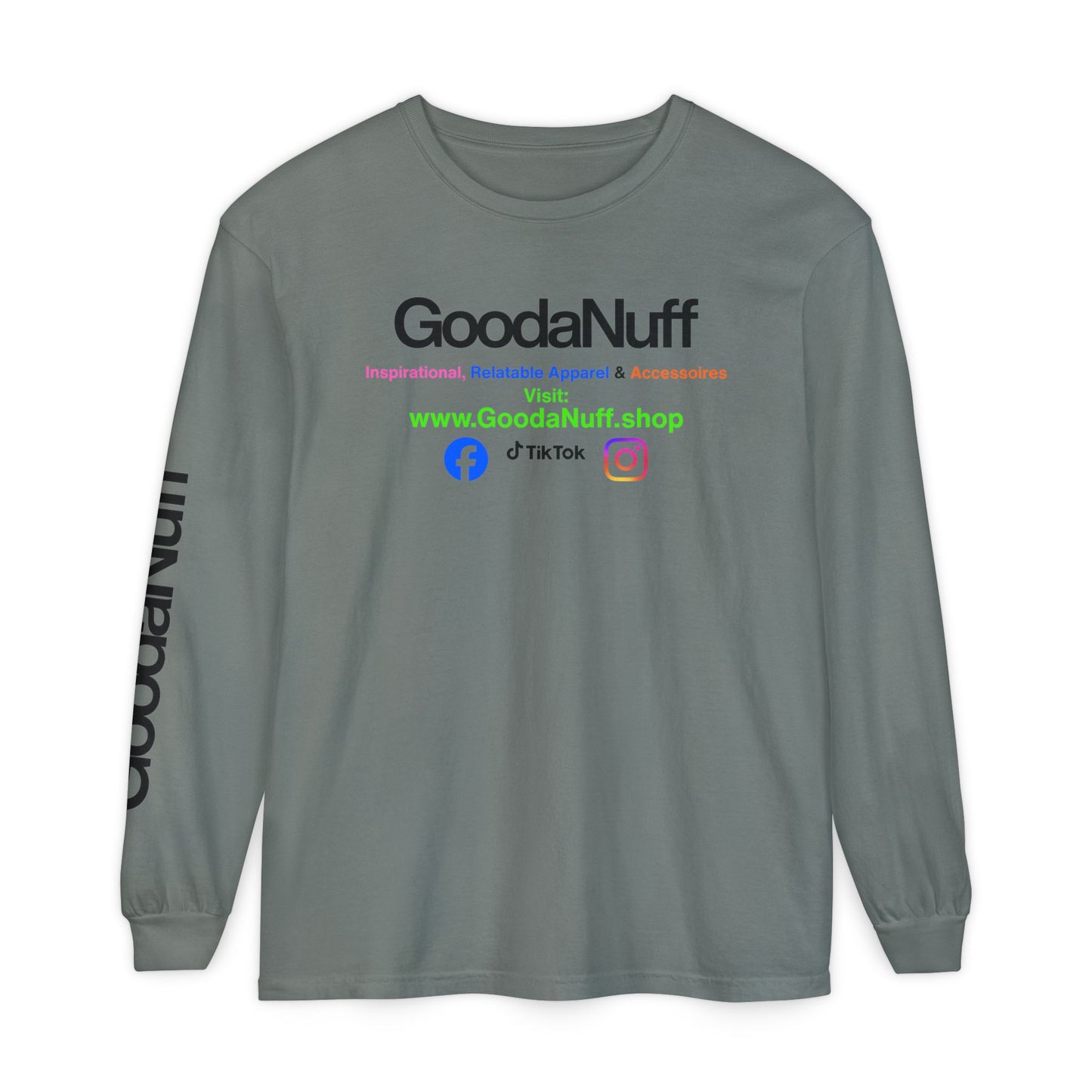 GoodaNuff Logo Long Sleeve Tee — Inspirational Apparel with Website & Social Icons