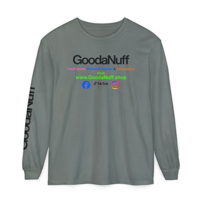 GoodaNuff Logo Long Sleeve Tee — Inspirational Apparel with Website & Social Icons