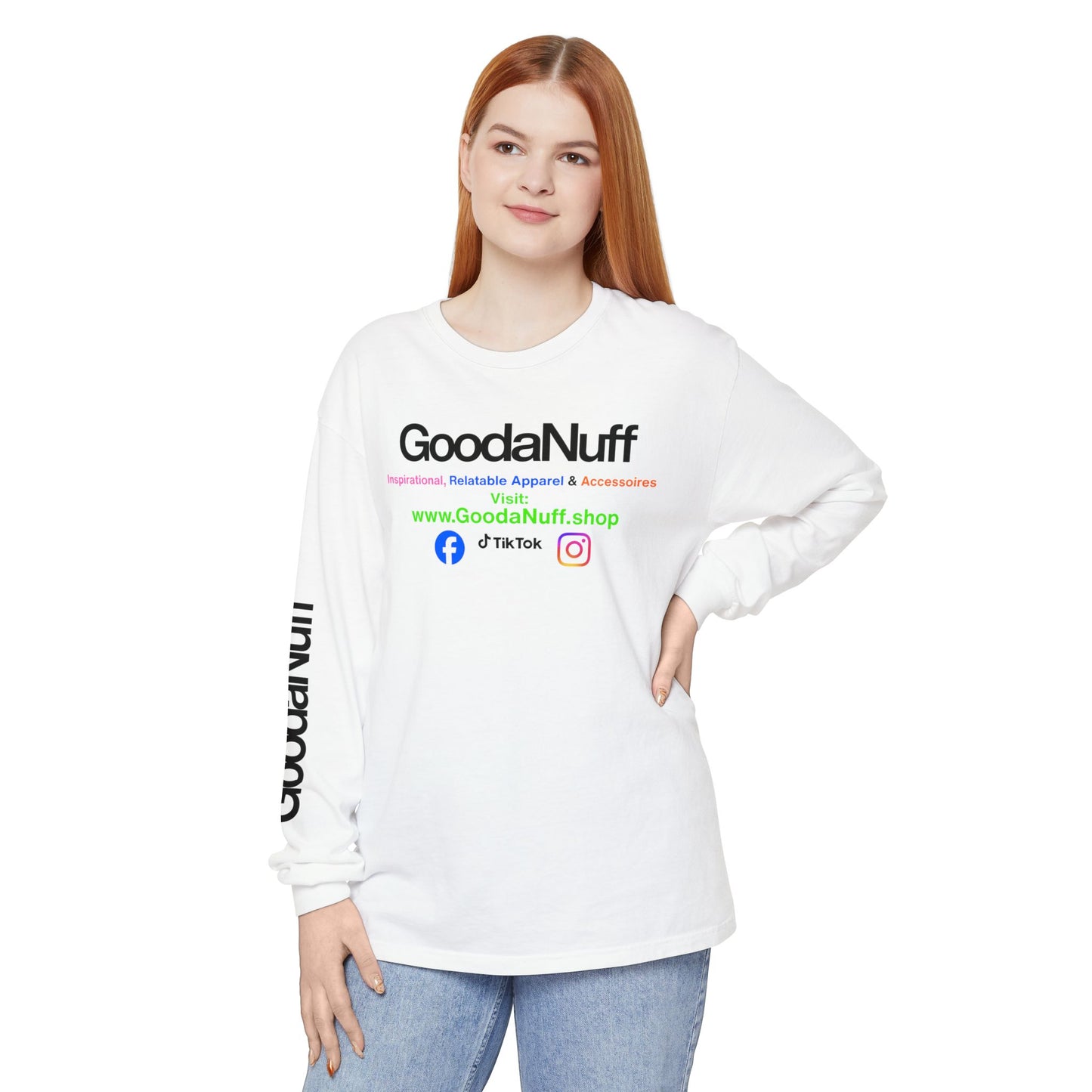 GoodaNuff Logo Long Sleeve Tee — Inspirational Apparel with Website & Social Icons