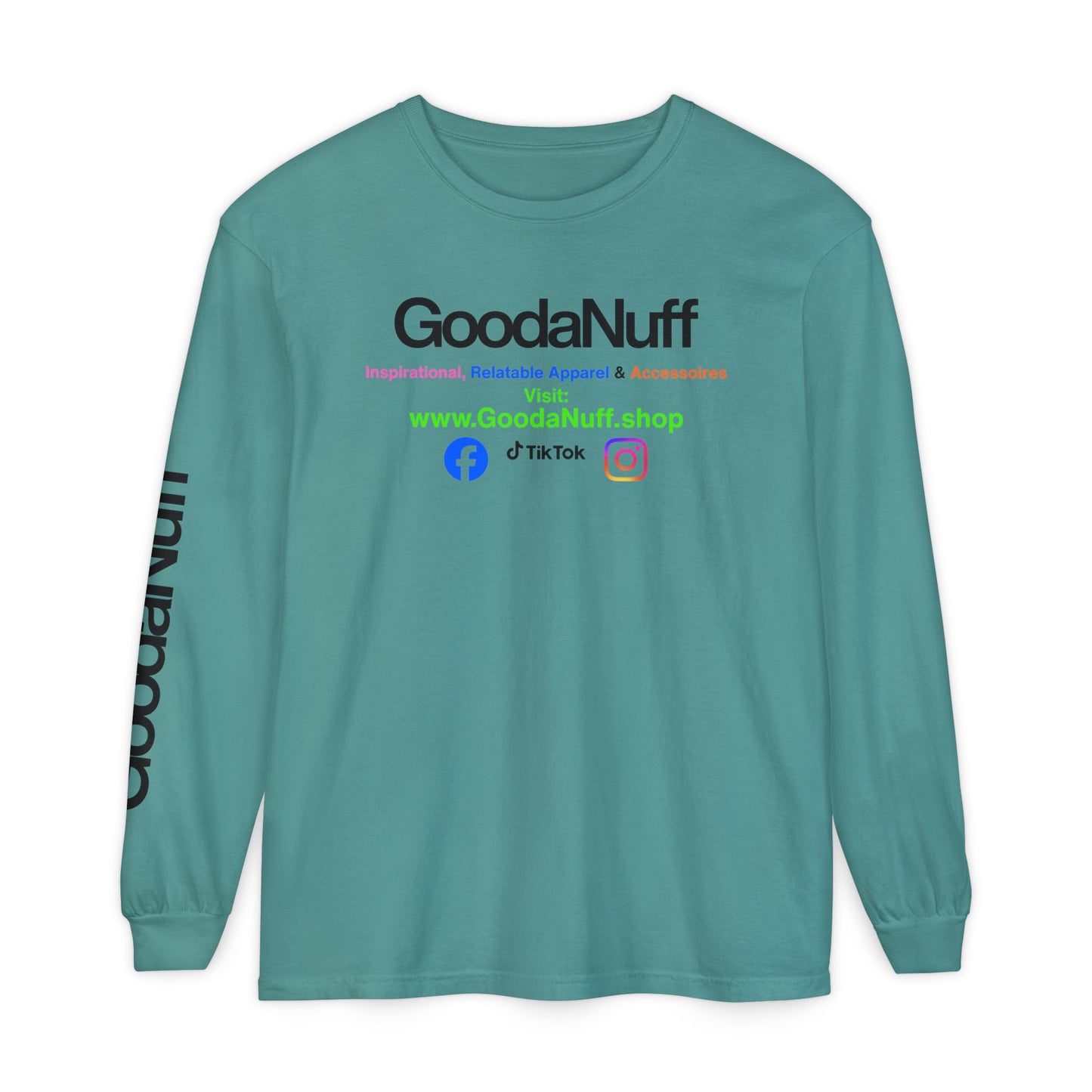 GoodaNuff Logo Long Sleeve Tee — Inspirational Apparel with Website & Social Icons