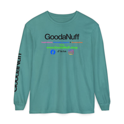 GoodaNuff Logo Long Sleeve Tee — Inspirational Apparel with Website & Social Icons
