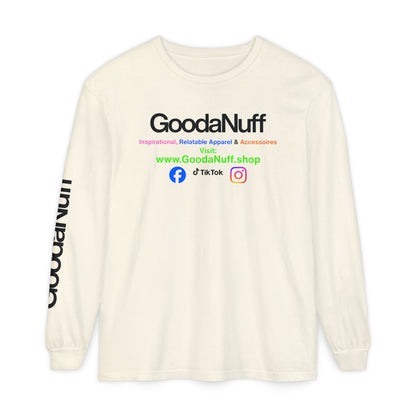 GoodaNuff Logo Long Sleeve Tee — Inspirational Apparel with Website & Social Icons