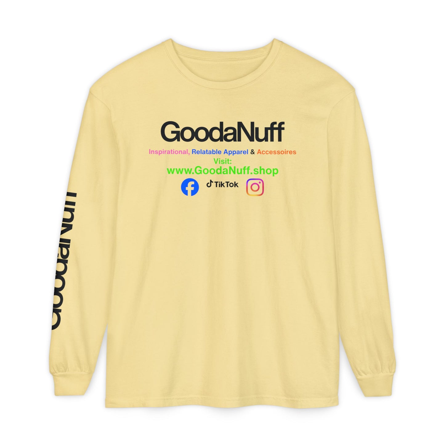 GoodaNuff Logo Long Sleeve Tee — Inspirational Apparel with Website & Social Icons