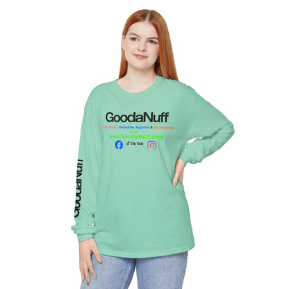 GoodaNuff Logo Long Sleeve Tee — Inspirational Apparel with Website & Social Icons