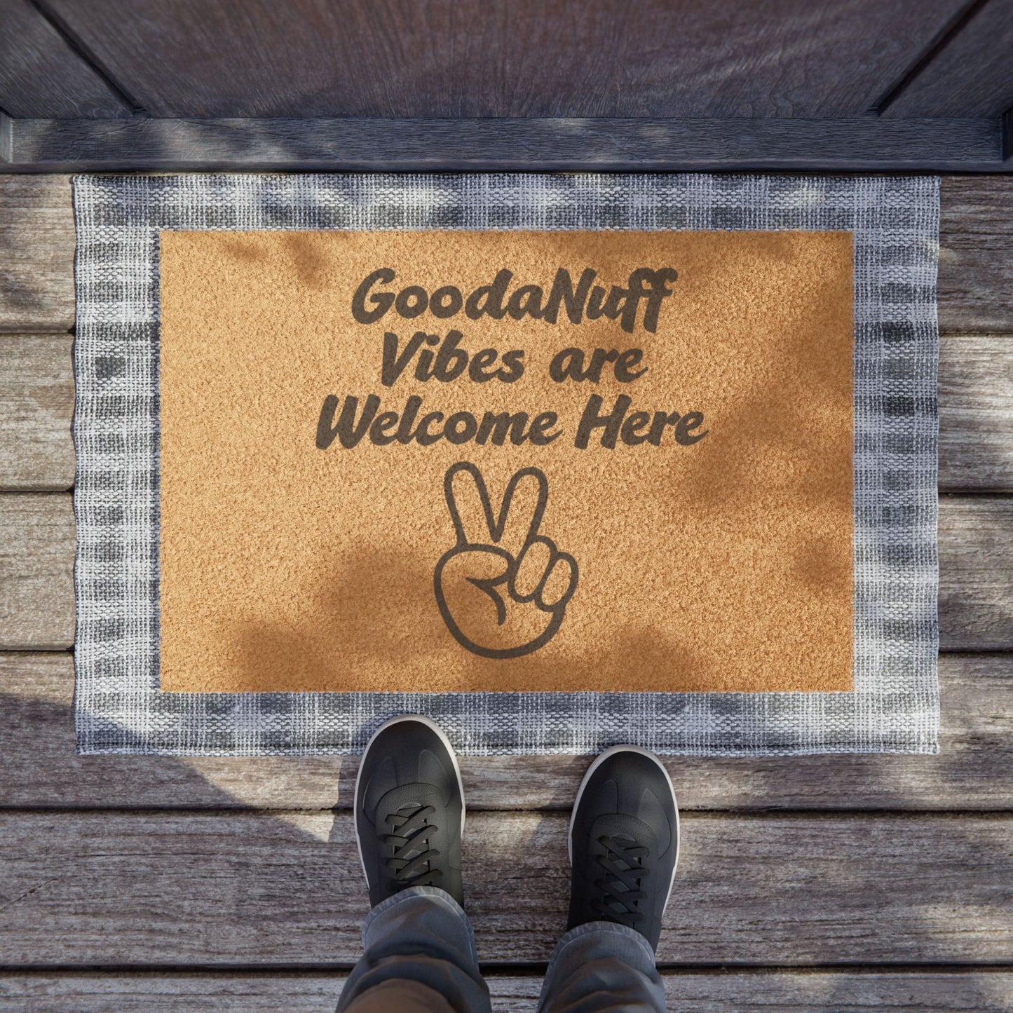 GoodaNuff Vibes Are Welcome Here Doormat — Peace Sign Welcome Mat, Funny Retro Entryway Mat