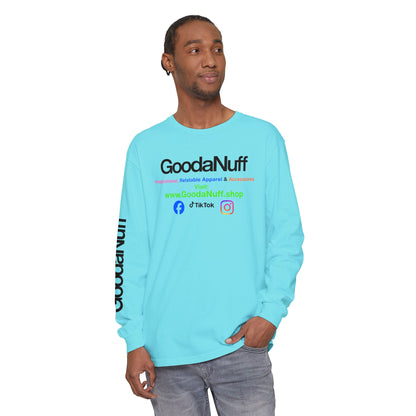 GoodaNuff Logo Long Sleeve Tee — Inspirational Apparel with Website & Social Icons