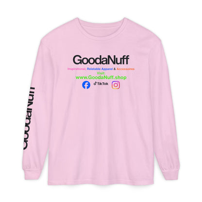 GoodaNuff Logo Long Sleeve Tee — Inspirational Apparel with Website & Social Icons