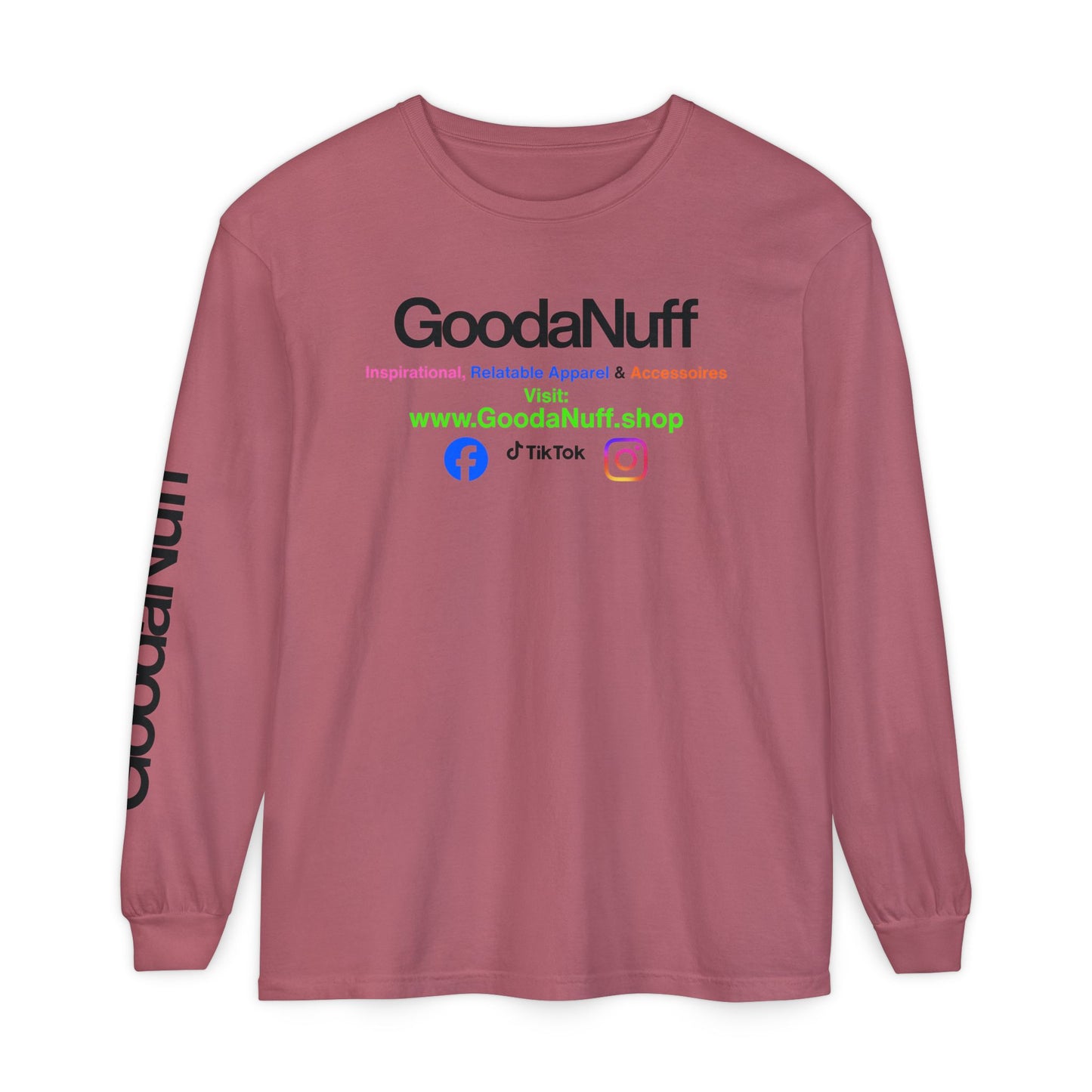GoodaNuff Logo Long Sleeve Tee — Inspirational Apparel with Website & Social Icons