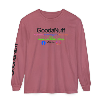 GoodaNuff Logo Long Sleeve Tee — Inspirational Apparel with Website & Social Icons