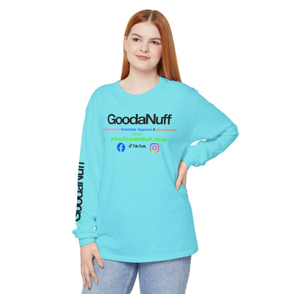 GoodaNuff Logo Long Sleeve Tee — Inspirational Apparel with Website & Social Icons