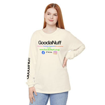 GoodaNuff Logo Long Sleeve Tee — Inspirational Apparel with Website & Social Icons