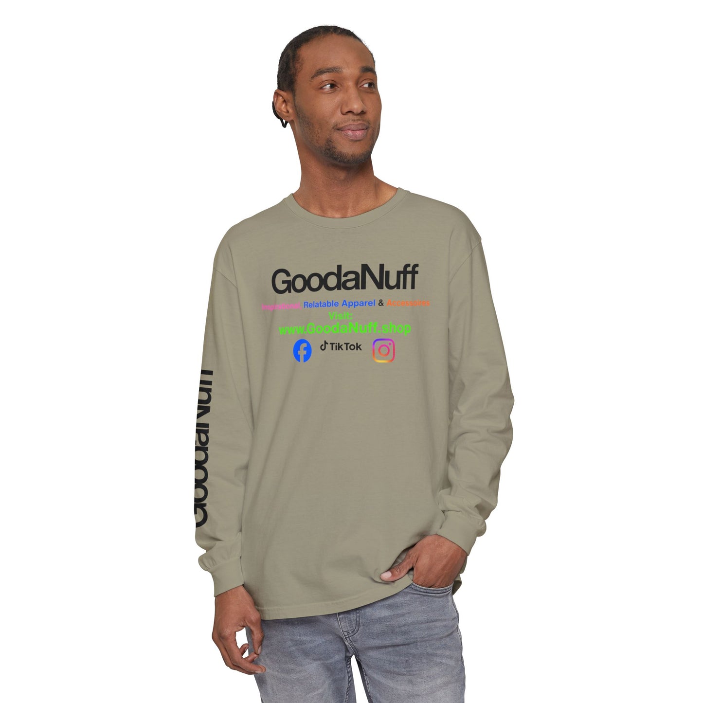 GoodaNuff Logo Long Sleeve Tee — Inspirational Apparel with Website & Social Icons