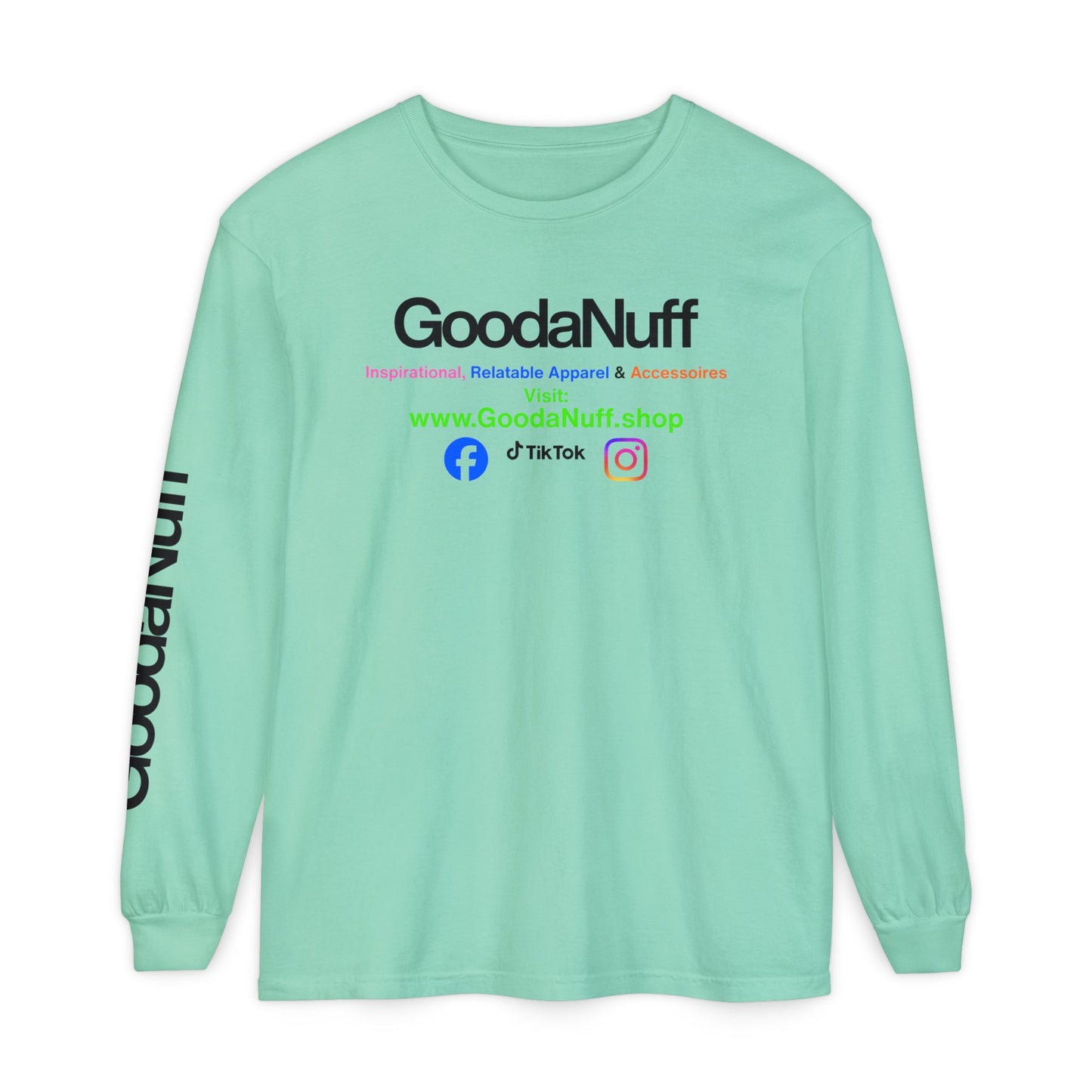 GoodaNuff Logo Long Sleeve Tee — Inspirational Apparel with Website & Social Icons