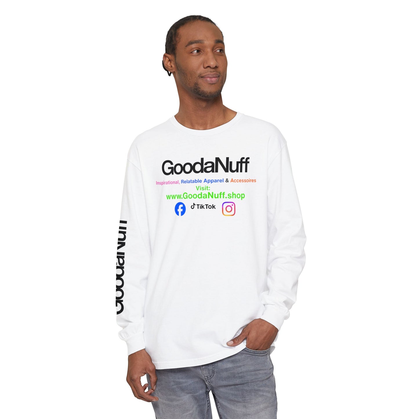 GoodaNuff Logo Long Sleeve Tee — Inspirational Apparel with Website & Social Icons