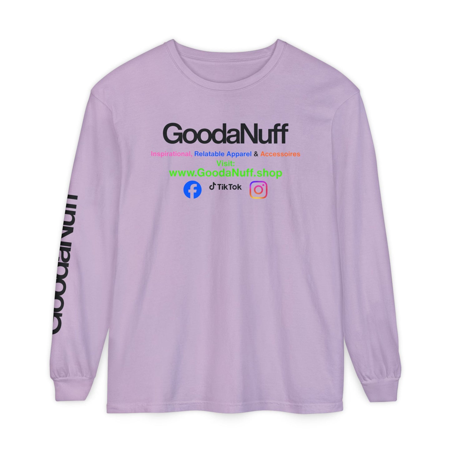 GoodaNuff Logo Long Sleeve Tee — Inspirational Apparel with Website & Social Icons