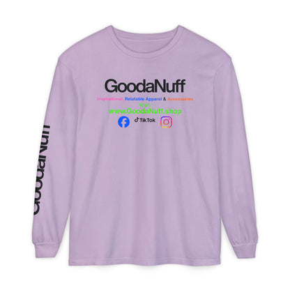 GoodaNuff Logo Long Sleeve Tee — Inspirational Apparel with Website & Social Icons