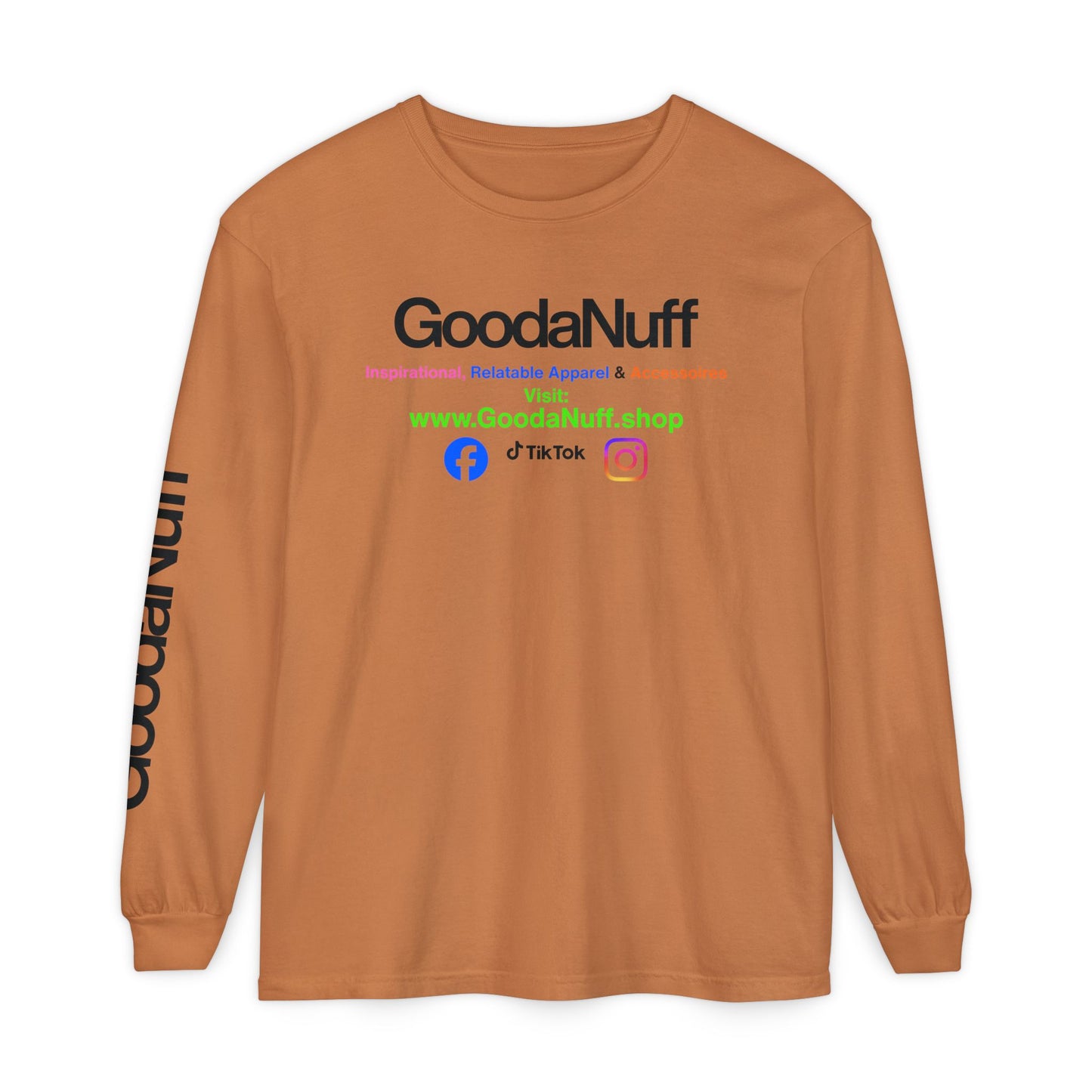 GoodaNuff Logo Long Sleeve Tee — Inspirational Apparel with Website & Social Icons