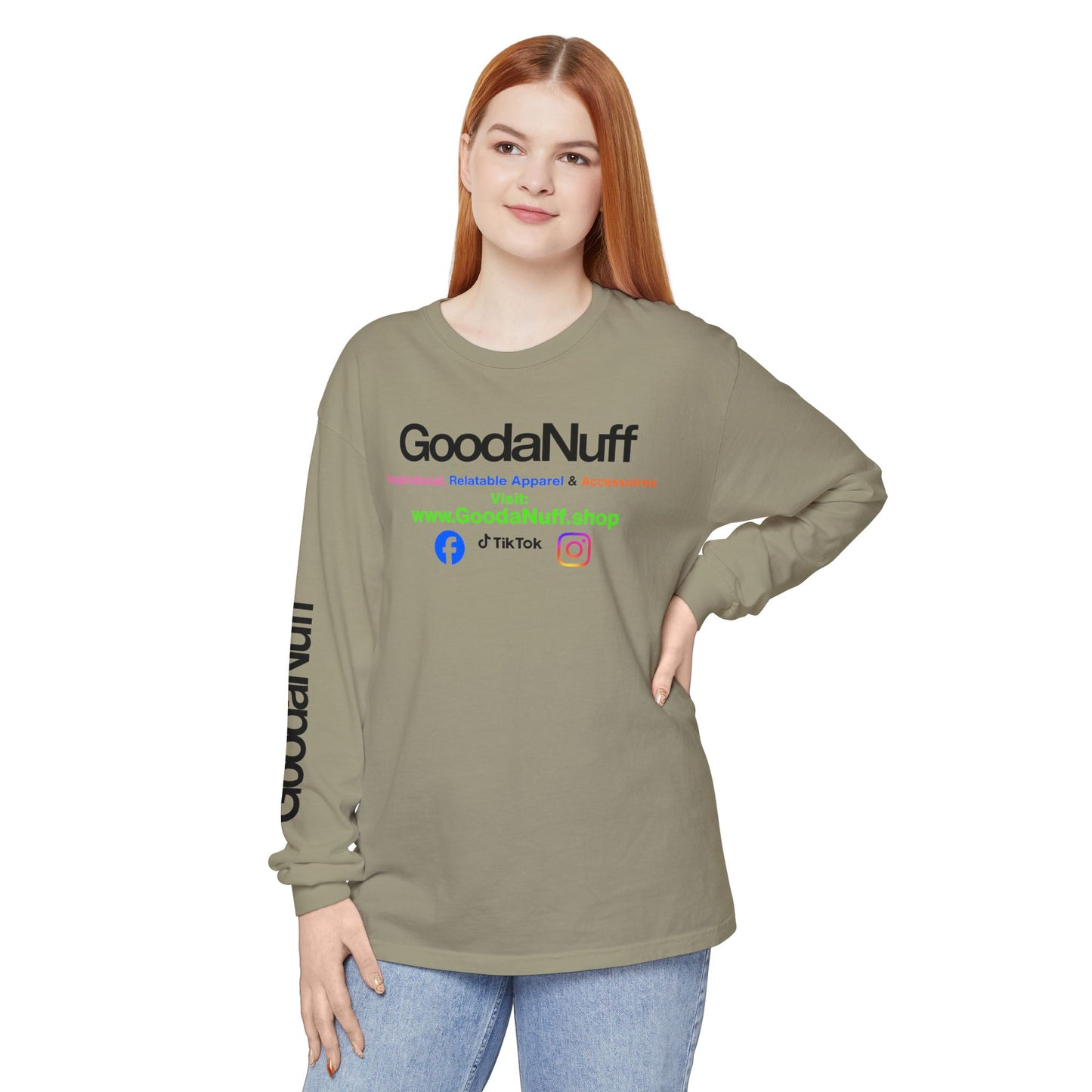 GoodaNuff Logo Long Sleeve Tee — Inspirational Apparel with Website & Social Icons