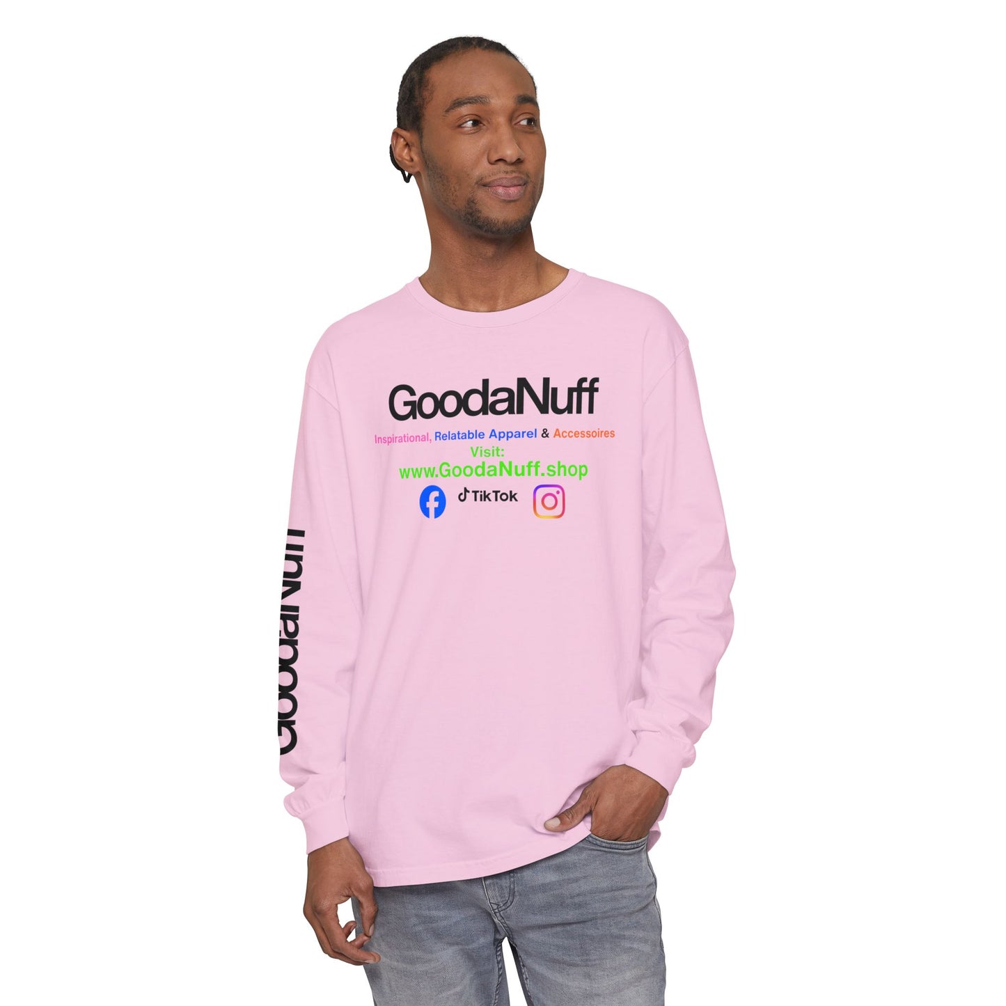 GoodaNuff Logo Long Sleeve Tee — Inspirational Apparel with Website & Social Icons