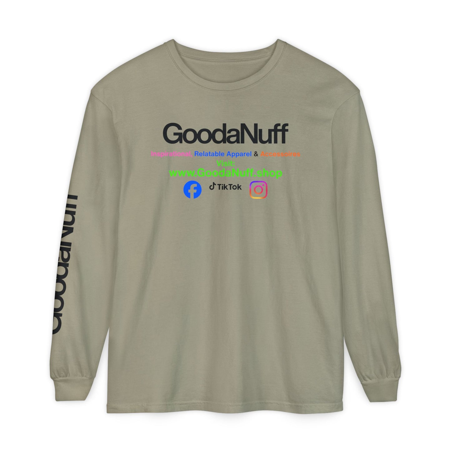 GoodaNuff Logo Long Sleeve Tee — Inspirational Apparel with Website & Social Icons