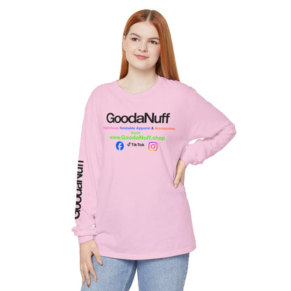 GoodaNuff Logo Long Sleeve Tee — Inspirational Apparel with Website & Social Icons